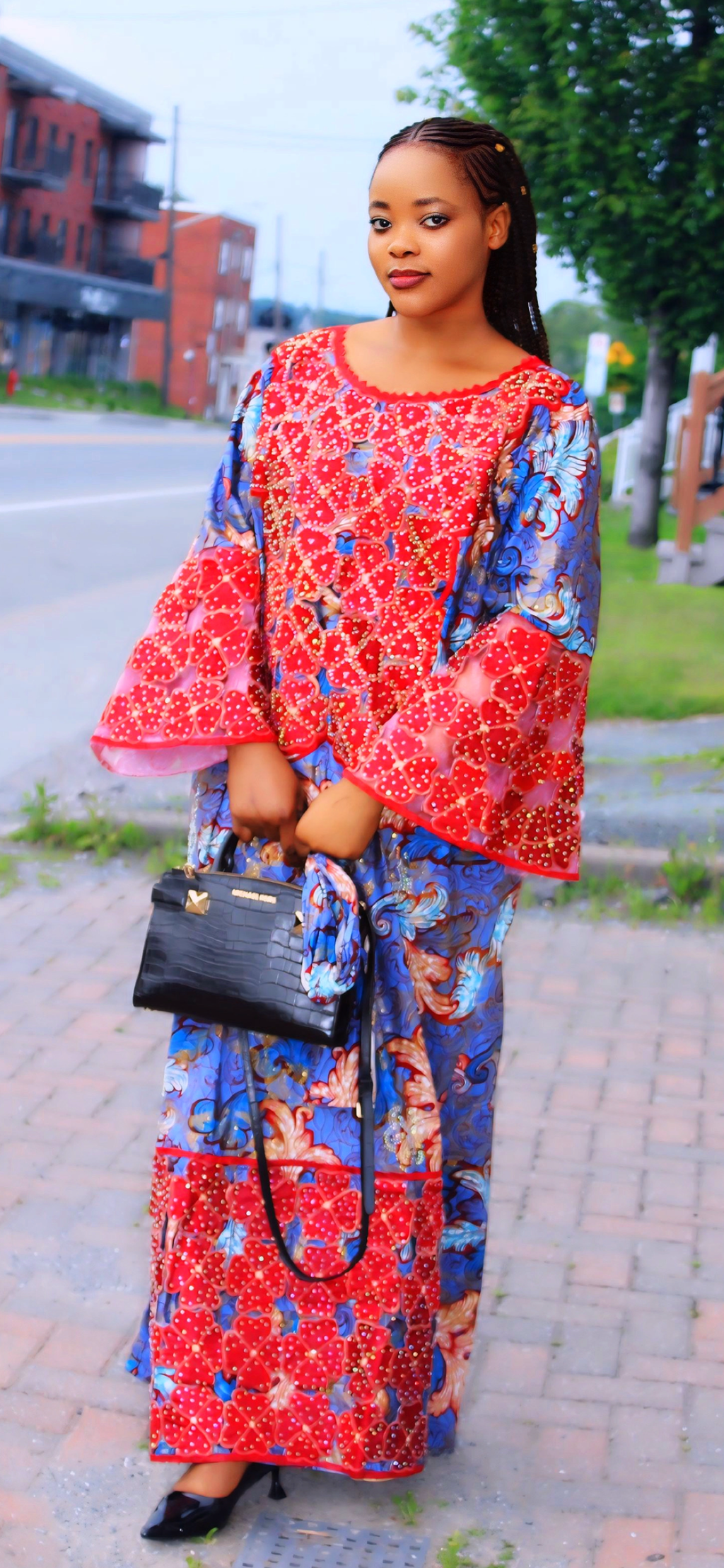 🌹 Robe Longue (Maxi) Africaine Luxueuse Rouge et Bleu Brodé 💙
